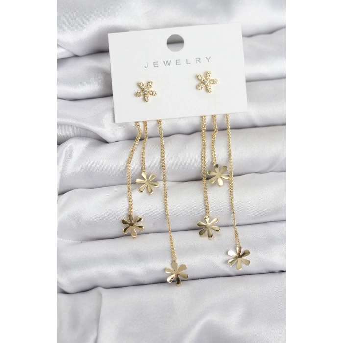 Papatya Model Gold Renk Pirinç Sallantılı Kadın Küpe
