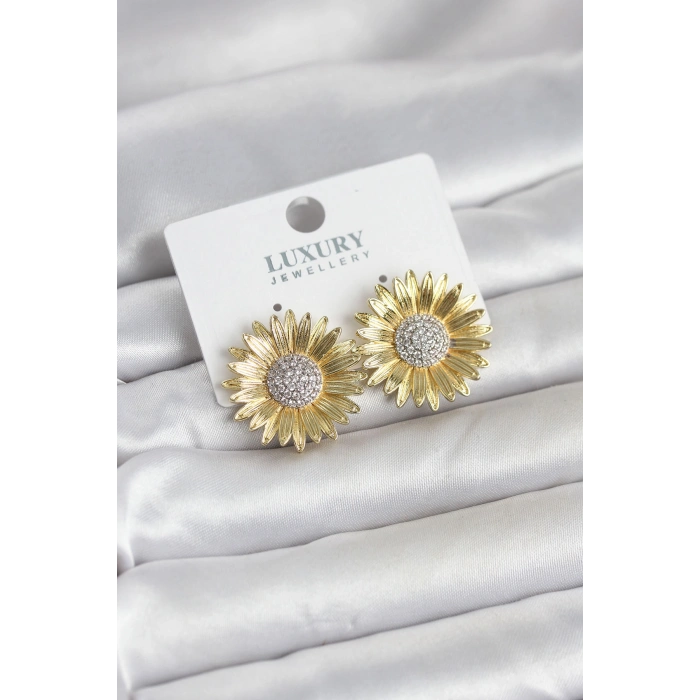 Papatya Model Zirkon Taşlı Pirinç Gold Renk Kadın Küpe