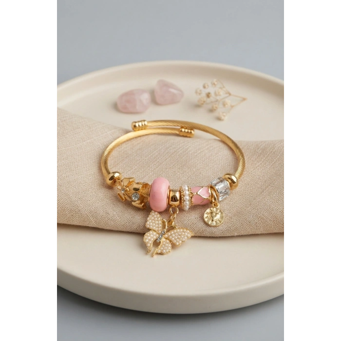 Pembe Kelebek Model Gold Renk Charmlı Bileklik