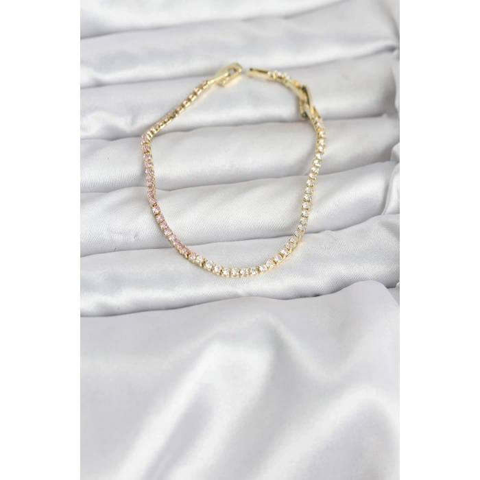 Pembe ve Beyaz Zirkon Taşlı Gold Renk Su Yolu Kadın Bileklik