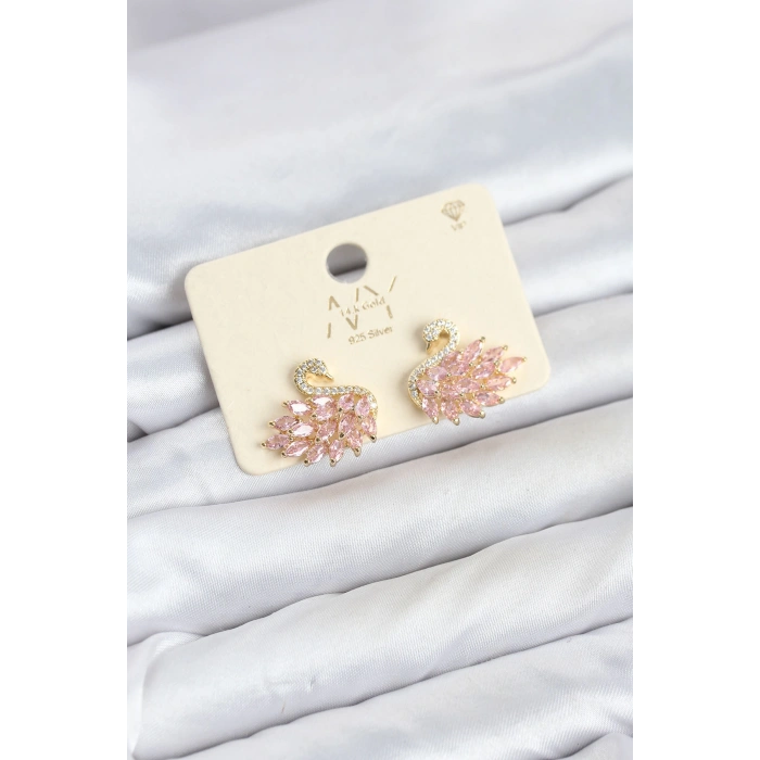 Pembe Zirkon Taşlı Gold Swan Kuğu Model Kadın Küpe