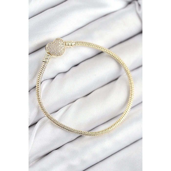Pirinç Charm Zirkon Taşlı Kalp Model Gold Renk Kadın Bileklik