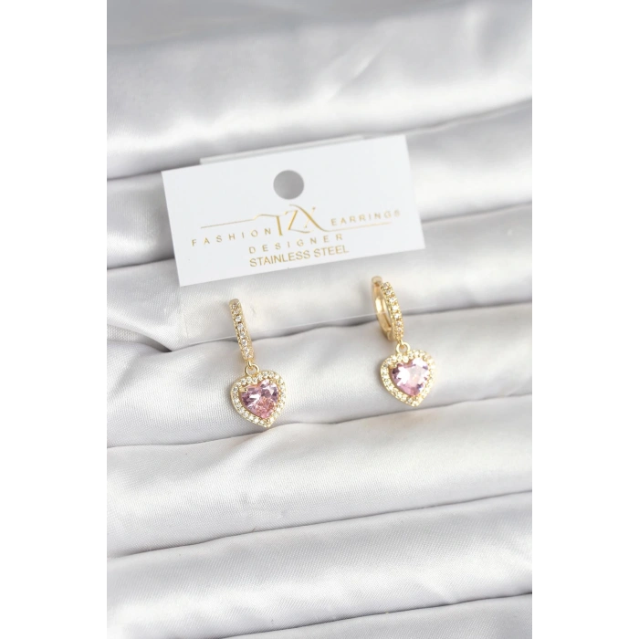 Pirinç Gold Pembe Renk Zirkon Taşlı Kalp Model Kadın Küpe