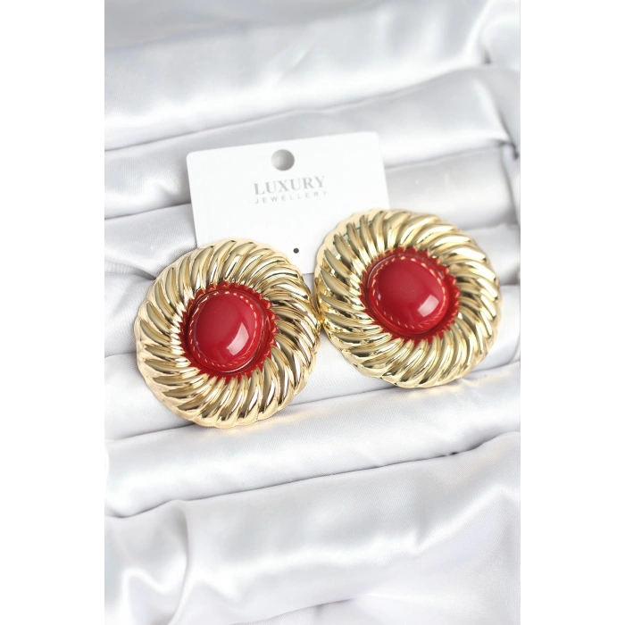 Pirinç Gold Renk Bordo Boncuklu Vintage Kadın Küpe