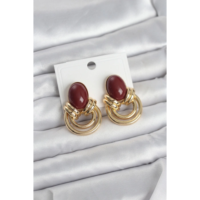 Pirinç Gold Renk Bordo Taşlı Vintage Kadın Küpe