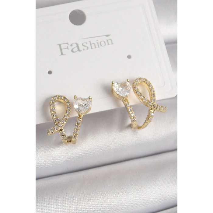 Pirinç Gold Renk Düğüm Model Zirkon Taşlı Kalp Detay Kadın Küpe