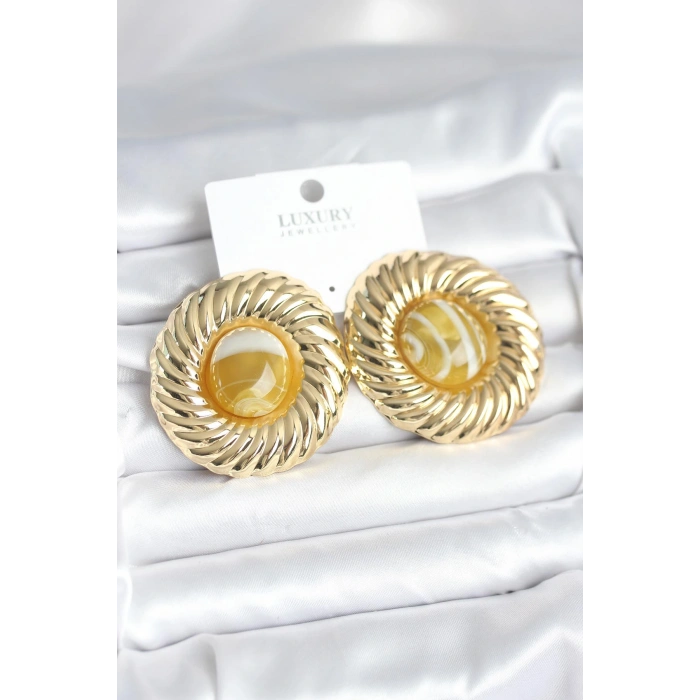 Pirinç Gold Renk Kehribar Boncuklu Vintage Kadın Küpe