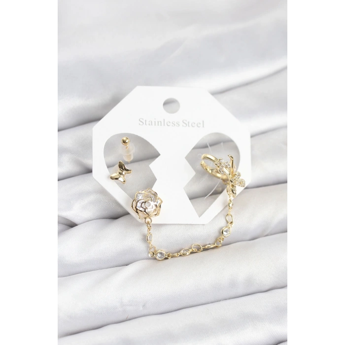 Pirinç Gold Renk Kelebekli Model Zincir Bağlantılı Ear Cuff Küpe Seti