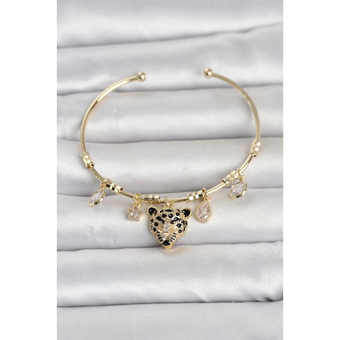 Pirinç Gold Renk Leopar Detaylı Charmlı Kadın Bileklik