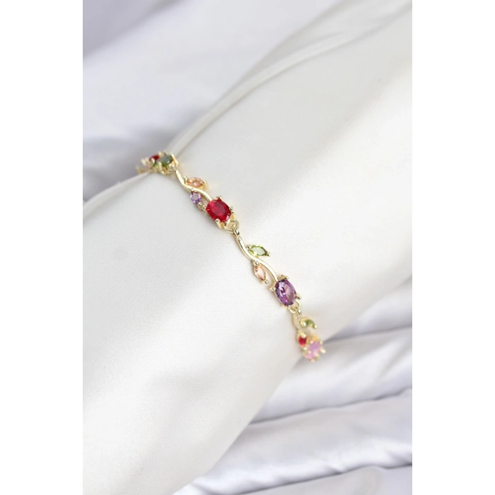 Pirinç Gold Renk Mix Renk Zirkon Taşlı Çiçek Model Kadın Bileklik