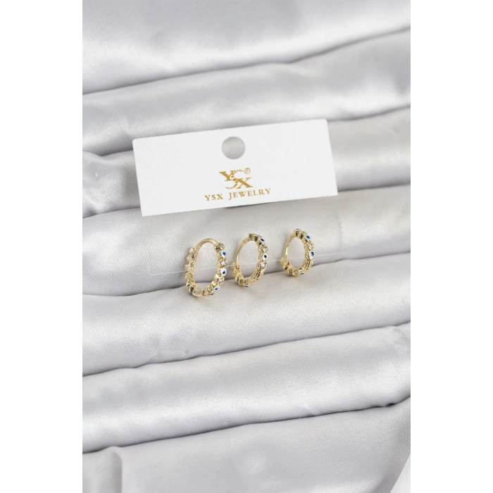 Pirinç Gold Renk Nazarlı Model 3lü Kadın Küpe