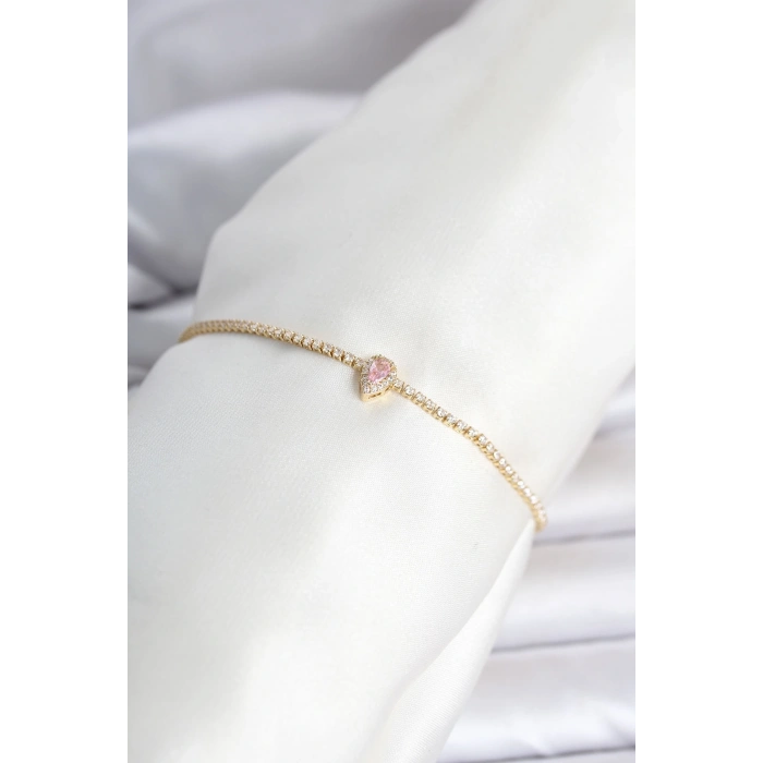 Pirinç Gold Renk Pembe Damla Model Su Yolu Kadın Bileklik