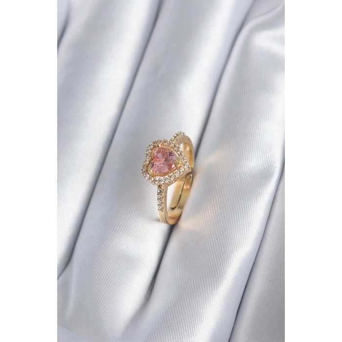 Pirinç Gold Renk Pembe Zirkon Taş Kalp Charm Model Kadın Yüzük