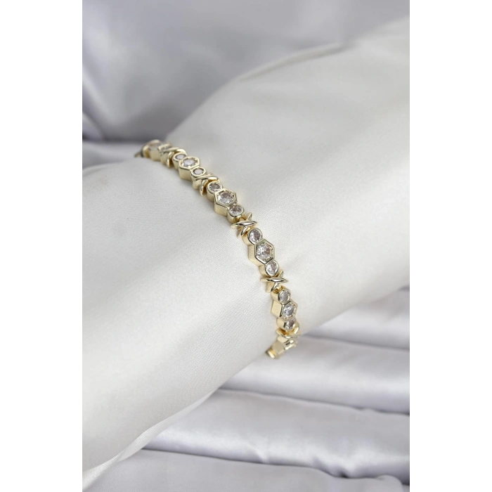 Pirinç Gold Renk Petek Model Zirkon Taşlı Kadın Bileklik