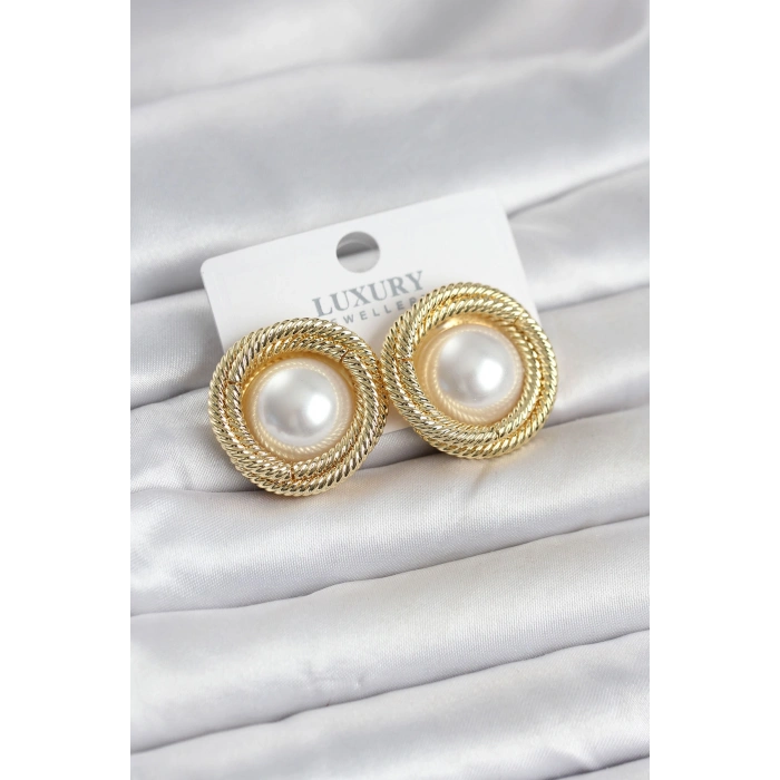Pirinç Gold Renk Sarmal Model İncili Kadın Küpe