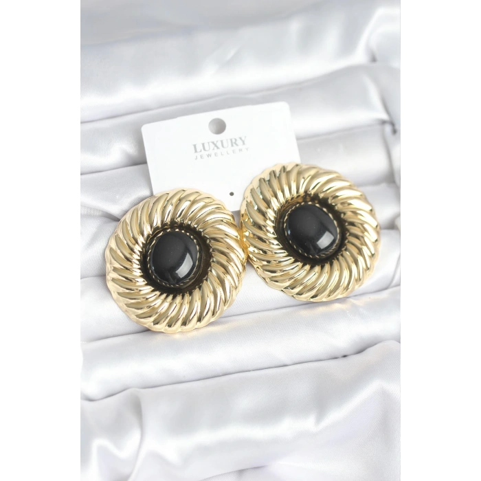 Pirinç Gold Renk Siyah Boncuklu Vintage Kadın Küpe