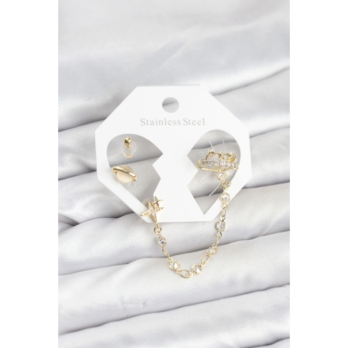 Pirinç Gold Renk Uzay Model Zincir Bağlantılı Ear Cuff Küpe Seti