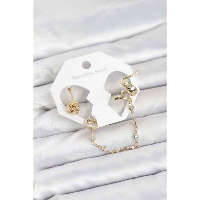 Pirinç Gold Renk Yılan Model Zincir Bağlantılı Ear Cuff Küpe Seti