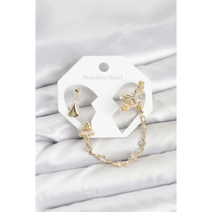 Pirinç Gold Renk Yıldızlı Model Zincir Bağlantılı Ear Cuff Küpe Seti