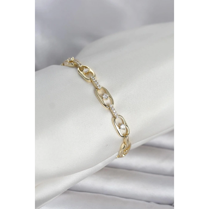 Pirinç Gold Renk Zirkon Taşlı Kadın Bileklik