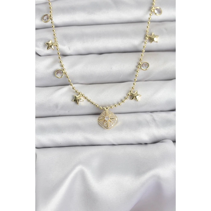 Pirinç Gold Renk Zirkon Taşlı Kutup Yıldızı Model Kadın Kolye