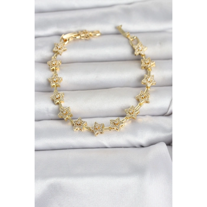 Pirinç Gold Renk Zirkon Taşlı Sıralı Yıldız Model Kadın Bileklik