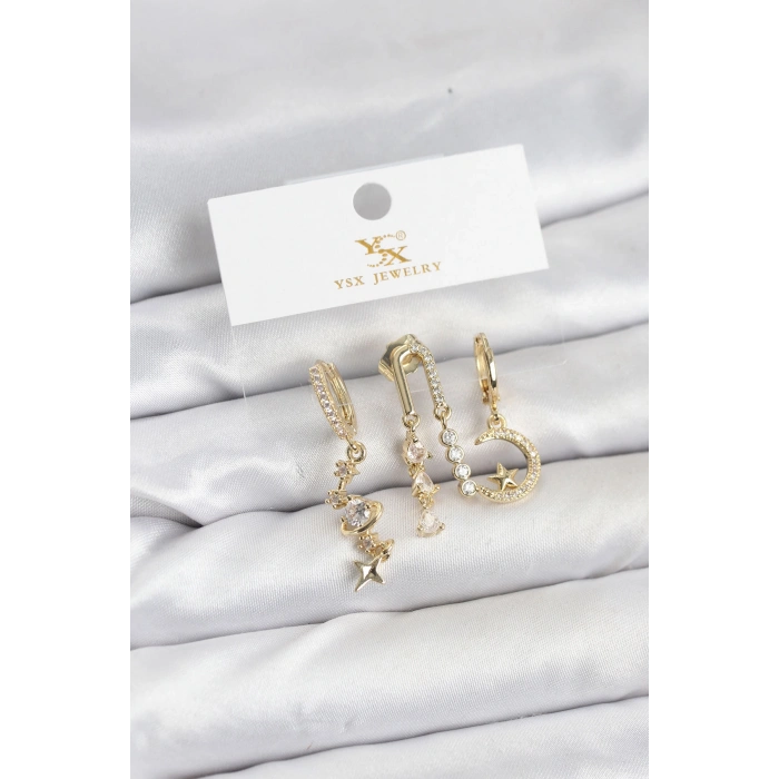 Pirinç Gold Renk Zirkon Taşlı Uzay Model YSX Trio Küpe Seti