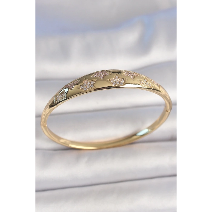 Pirinç Gold Renk Zirkon Taşlı Yıldız İşlemeli Kadın Kelepçe