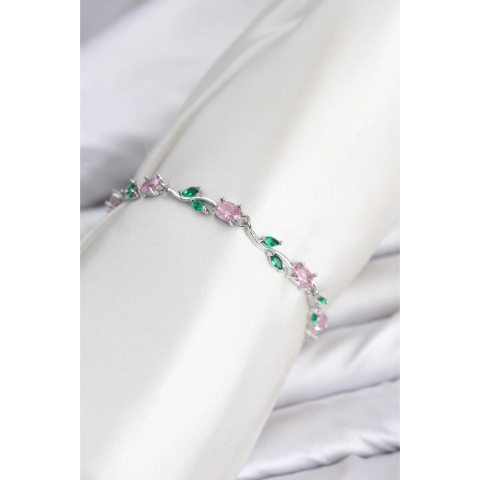 Pirinç Gümüş Renk Pembe Zirkon Taşlı Çiçek Model Kadın Bileklik
