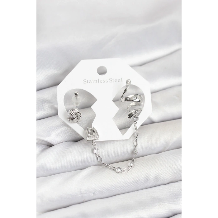Pirinç Gümüş Renk Yılan Model Zincir Bağlantılı Ear Cuff Küpe Seti