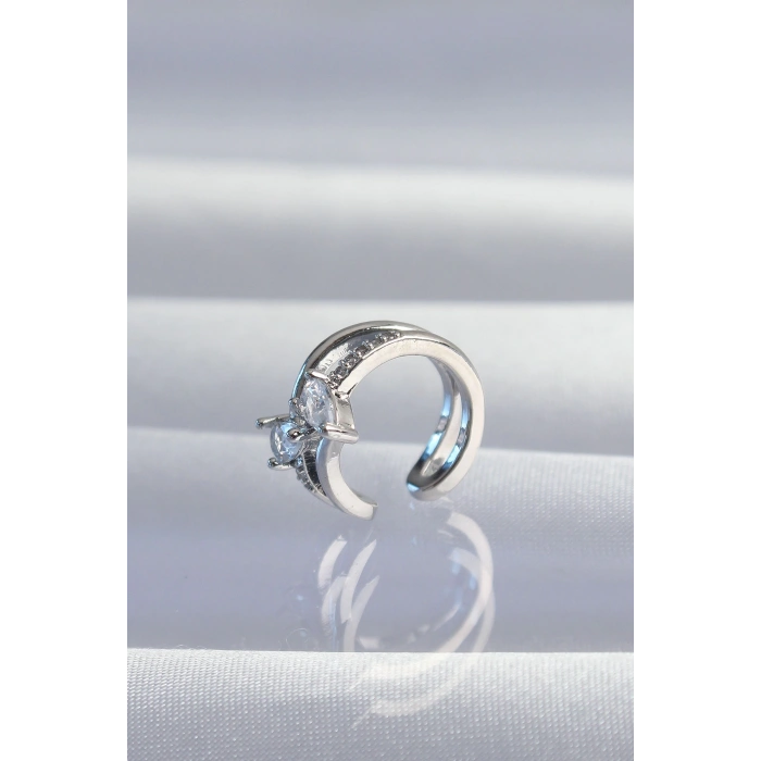 Pirinç Gümüş Renk Zirkon Taşlı Damla Earcuff Küpe