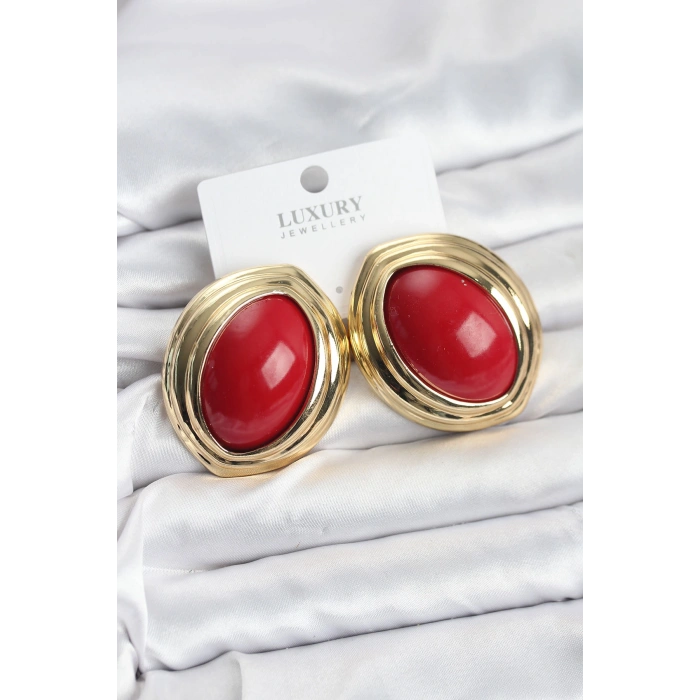 Pirinç Kırmızı Badem Model Vintage Gold Kadın Küpe