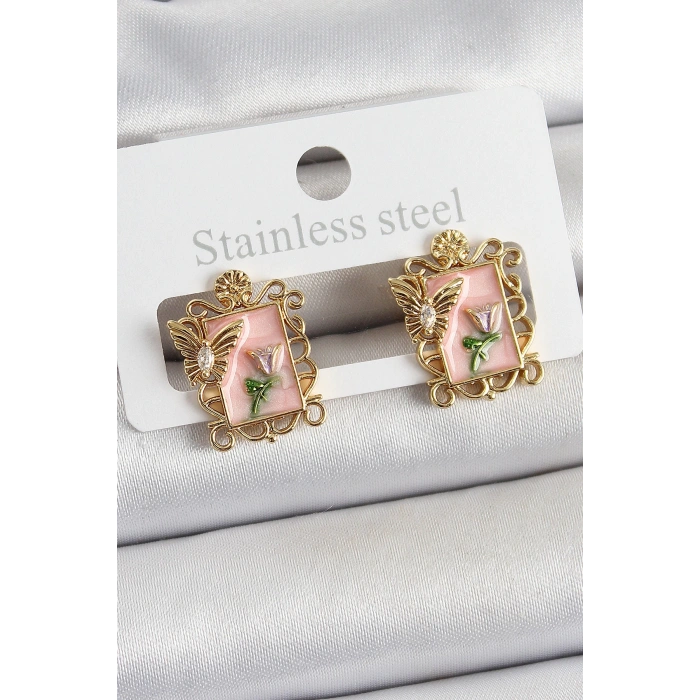 Pirinç Pembe Mineli Sanatsal Portre Model Gold Renk Kadın Küpe