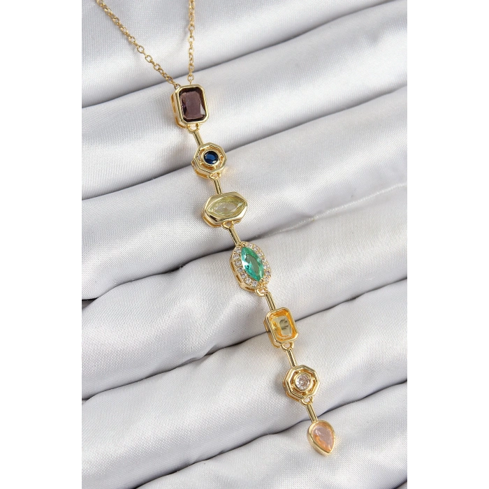Pirinç Renkli Zirkon Taşlı Model Gold Renk 7 Element Kadın Y Kolye
