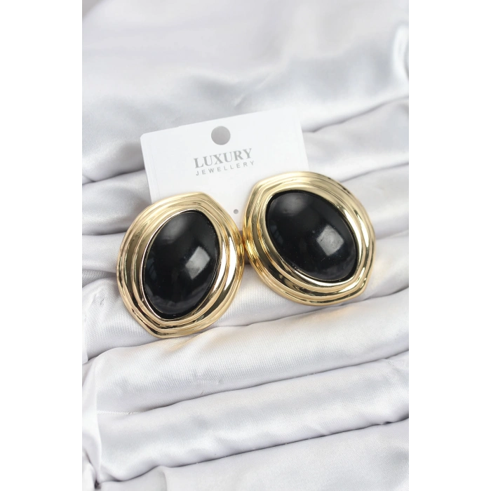 Pirinç Siyah Badem Model Vintage Gold Kadın Küpe