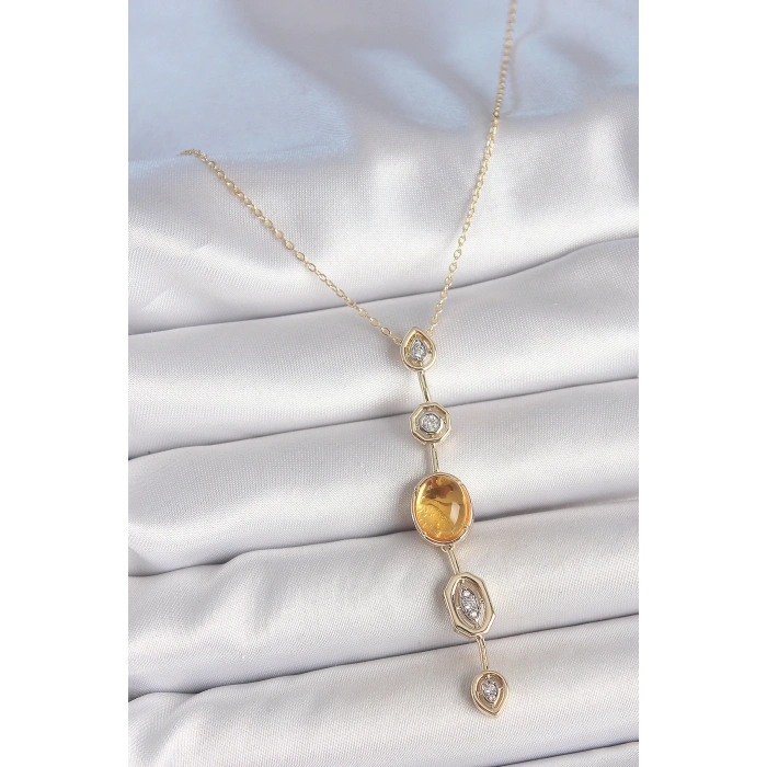 Pirinç Zincir Kehribar Sarı Gold Renk  Zirkon Taşlı Y Kolye