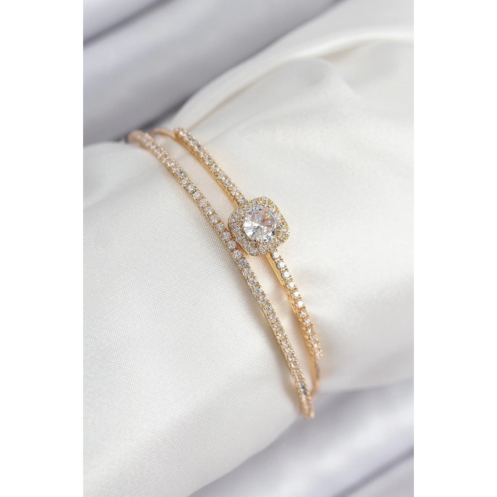 Pirinç Zirkon Taşlı Baget Model Gold Renk Kadın Bileklik
