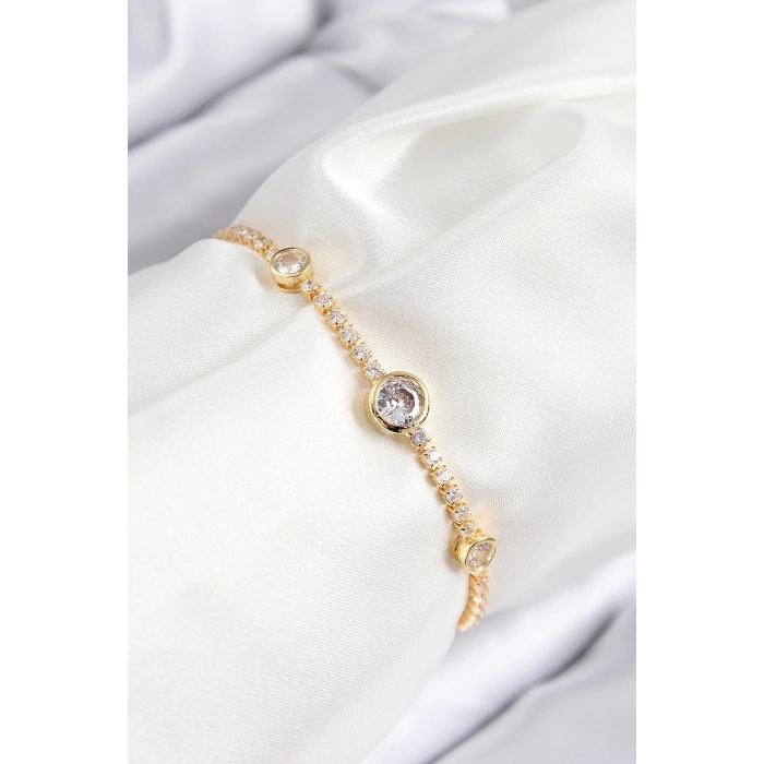 Pirinç Zirkon Taşlı Daire Model Gold Renk Asansörlü Kadın Bileklik