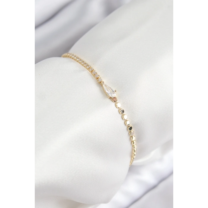 Pirinç Zirkon Taşlı Damla Model Ezme Zincir Gold Renk Kadın Bileklik