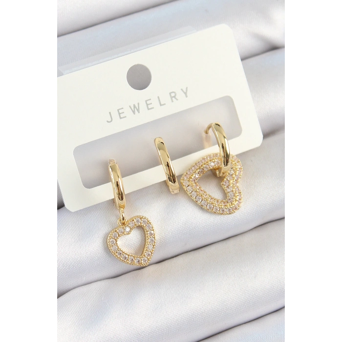 Pirinç Zirkon Taşlı Kalp Model Gold Renk 3lü Çift Kadın Küpe Set