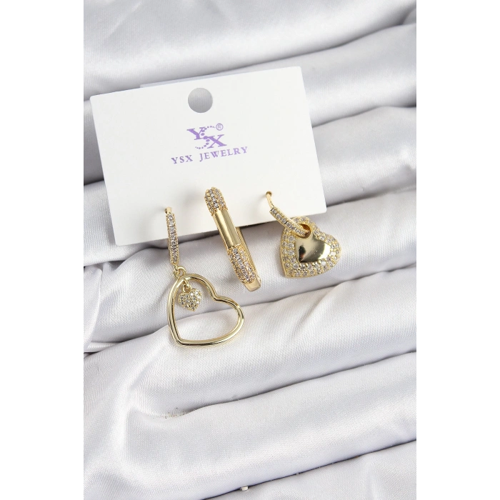 Pirinç Zİrkon Taşlı Kalp Model Gold Renk 3lü Kadın Küpe