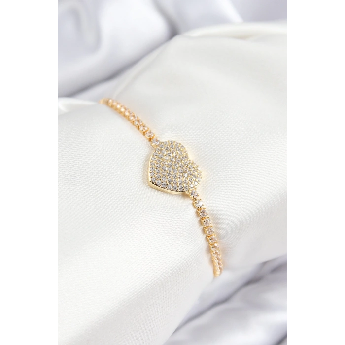 Pirinç Zirkon Taşlı Kalp Model Gold Renk Asansörlü Kadın Bileklik