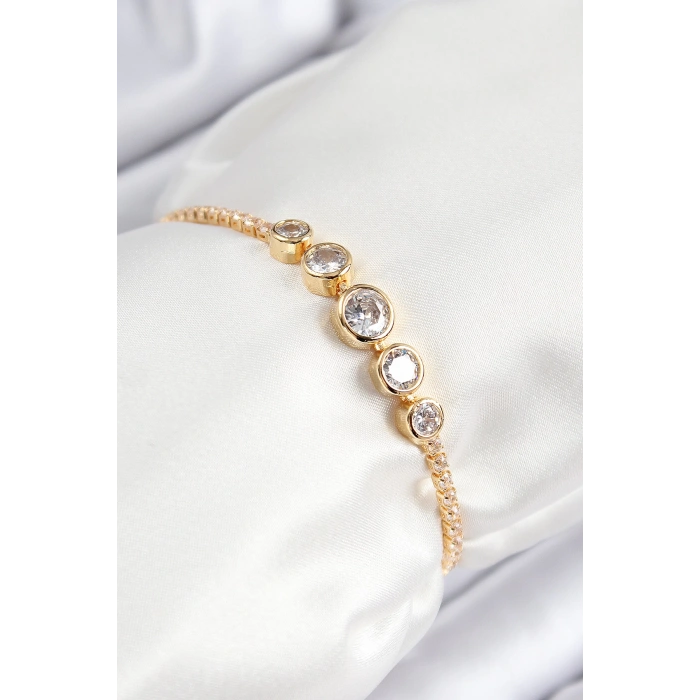 Pirinç Zirkon Taşlı Sıralı Daire Model Gold Renk Asansörlü Kadın Bileklik