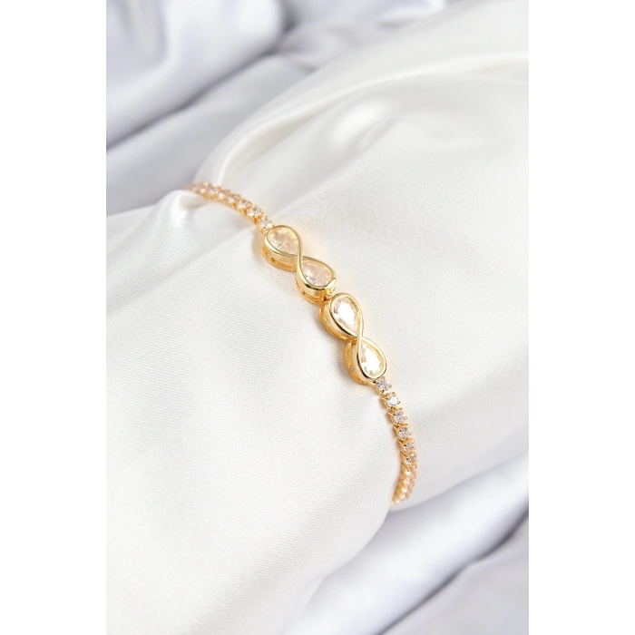 Pirinç Zirkon Taşlı Sonsuzluk Model Gold Renk Asansörlü Kadın Bileklik