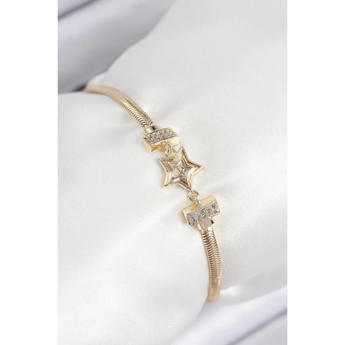 Pirinç Zirkon Taşlı Yıldız Model Gold Renk Kadın Bileklik