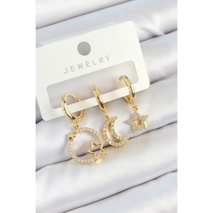 Pirinç Zirkon Taşlı Yıldız Ve Ay Model Gold Renk 3lü Kadın Küpe Set