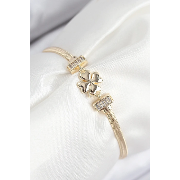 Pirinç Zirkon Taşlı Yonca Model Gold Renk Kadın Bileklik