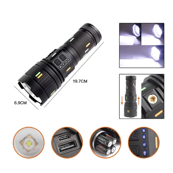 Pro F-3001 Alüminyum TG LED Güç Göstergeli Type-C Şarjlı El Feneri 100 W