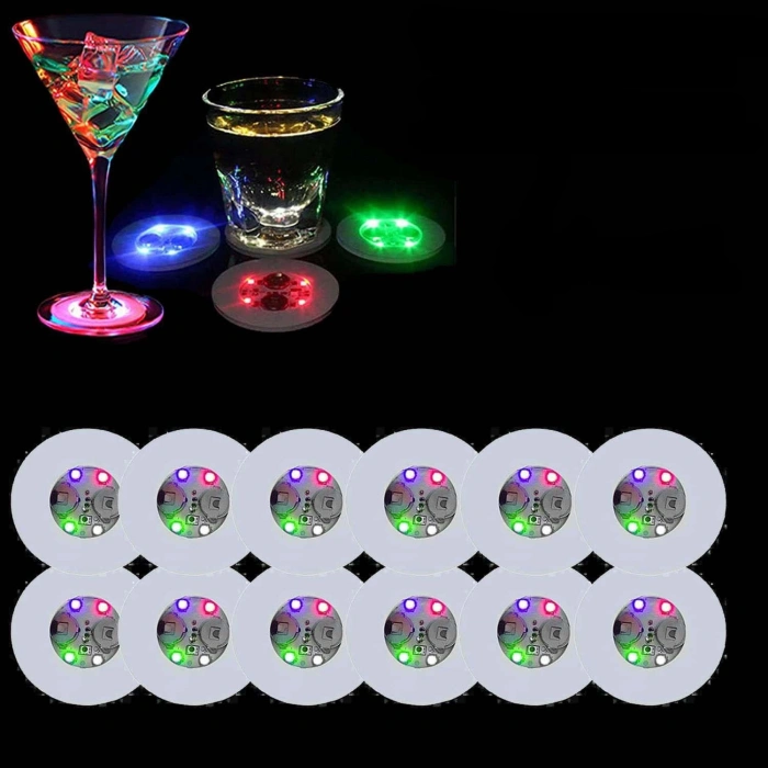 Renkli LED Işıklı Bardak Altlığı - Dekoratif 12 Adet Pilli