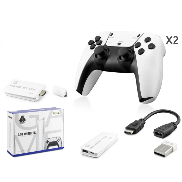 Çift Gamepad Seti (Retro Oyun Stick HDMI 2.4G Kablosuz - Beyaz HD330)